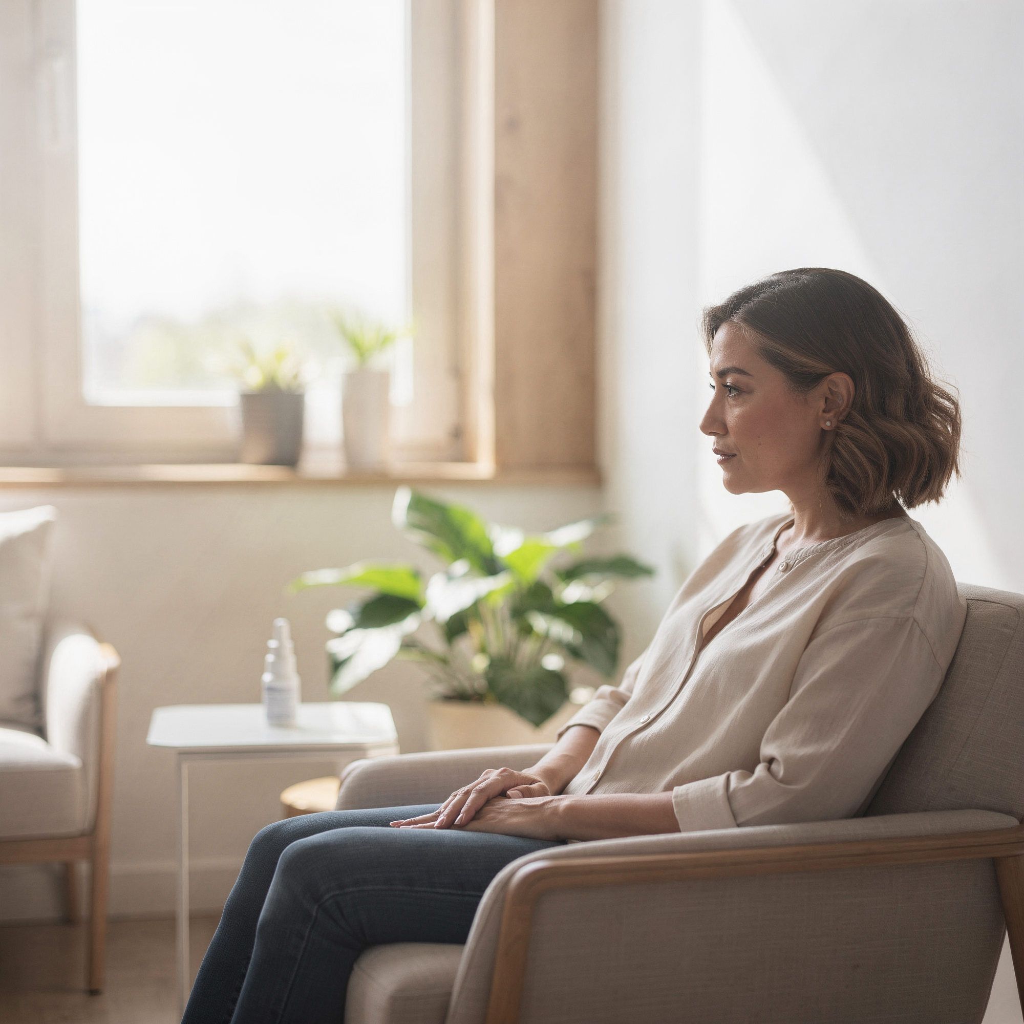 Woman sitting in a comfortable chair in a bright, plant-filled wellness room during a Spravato treatment consultation